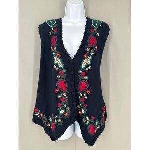 90s Vintage Sweater Vest Womens XL Navy Blue Floral Cottage Cabin Embroidered